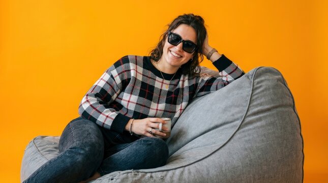 Cheerful young woman in sunglasses and plaid sweater relaxing on a grey bean bag chair against a bright orange background