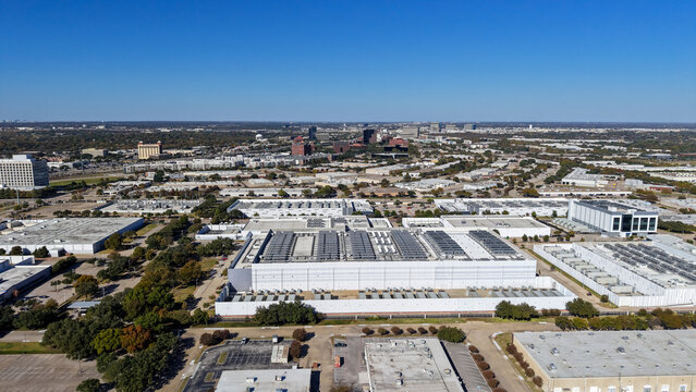 Aerial view modern data centers at suburban Dallas landscape