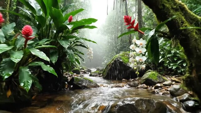Tropical rainforest river flowing through vibrant red ginger flowers and misty green trees captured in cinematic high definition motion footage