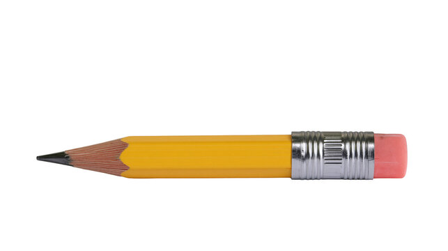 Isolated short sharpened yellow pencil with a pink eraser, essential school supply