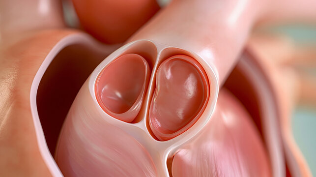 Pulmonary valve trileaflet semilunar anatomy medical macro, defocused anatomical closeup detail, cardiac structural visualization representation, with copy space