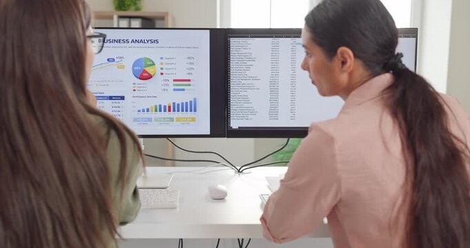 Women analysts conduct financial data analysis on computer. They review dashboards on dual monitors during discussion in a modern office. Concept visualizes teamwork and financial analysis.