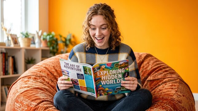 Excited young woman with curly hair sitting in a cozy orange beanbag at home reading a colorful travel and adventure magazine