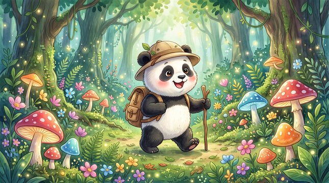 Adorable baby panda explorer wearing a safari hat and backpack, walking through a magical forest filled with colorful mushrooms, flowers and glowing fireflies, whimsical children's storybook illustrat