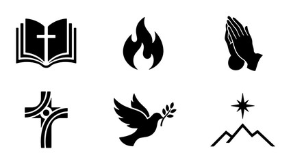 Naklejka premium Christianity Icons Set: Bible, Flame, Praying Hands, Cross, Dove, Star Over Mountains, Religious Symbols Vector Graphics