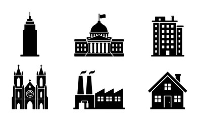 Naklejka premium Set of 6 Black Building Icons: Skyscraper, Capitol, Apartment, Church, Factory, House, Vector Graphics for Architecture and City Planning