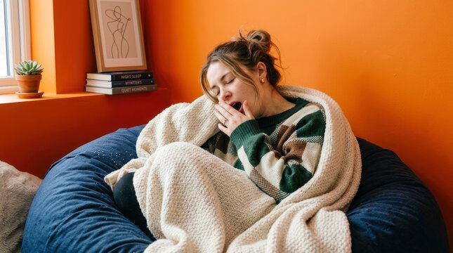 Tired Young Woman Yawning while Wrapped in a Cozy Blanket Sitting on a Bean Bag Chair at Home