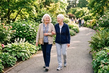 Obraz premium Two senior women walking together in park