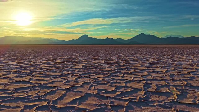 Aerial view of golden sunset light highlighting hexagonal crust patterns across Bonneville Salt Flats in Utah