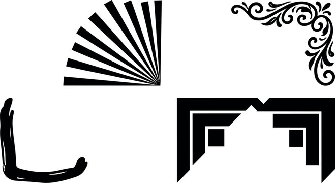 Black ornamental corner elements and border accents form cohesive vector illustration collection