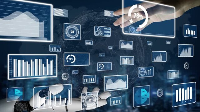 A futuristic digital interface showcases various graphs and statistics, illustrating the theme of data analysis and technology in a modern business environment. Xenic