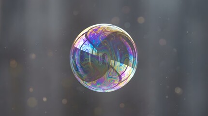 Naklejka premium Single Iridescent Soap Bubble Floating Against A Blurred Gray Background