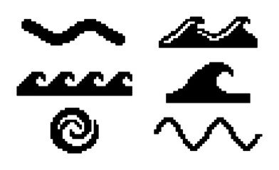 Obraz premium Set of 6 Black Wave Icons, Ocean Swirl and Water Line Graphics, Simple Nautical Symbols for Design