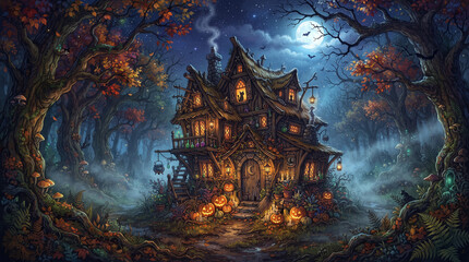 Obraz premium Abstract Grunge Halloween Background with Watercolor Texture, Dark Haunted Castle, Full Moon, Spooky Night Sky, Ancient Architecture and Autumn Gothic Atmosphere