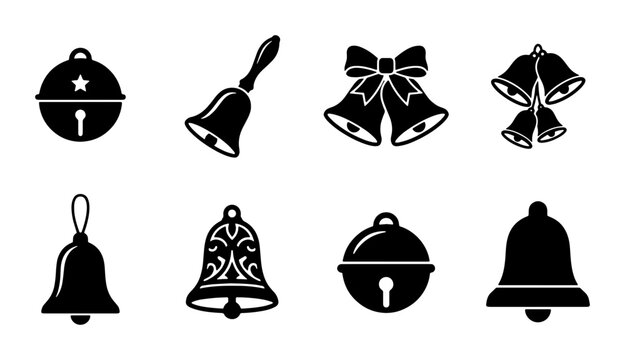Set of 8 Black Christmas Bells Icons, Festive Holiday Symbols, Decorative Winter Celebration Elements, Vector Graphics