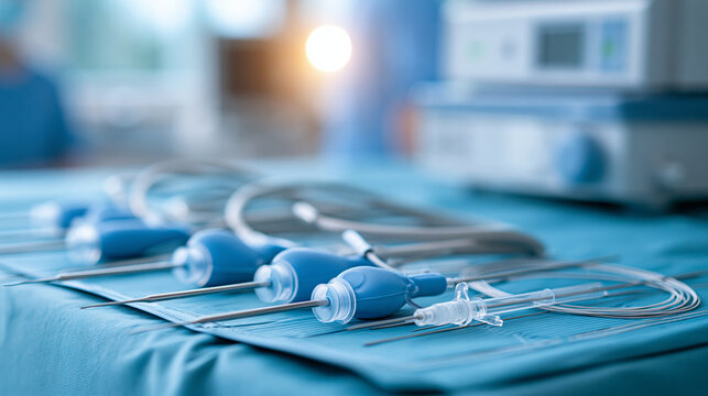 Angioplasty catheters, balloon stents and guidewires arranged on sterile azure surgical drape ready for endovascular cardiac procedure, defocused equipment arrangement, with copy