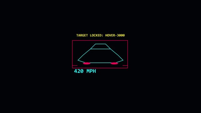 Futuristic hud target locked hover-3000 interface with 420 mph speed display for sci-fi motion and gaming ui animation 4k