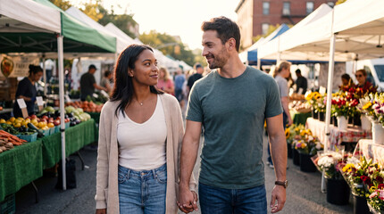 Naklejka premium Happy couple holding hands walking through a local outdoor farmers market at sunset.