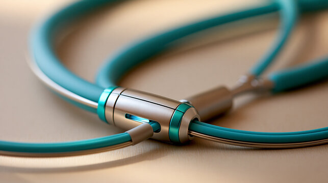Angioplasty guiding catheter EBU catheter used to treat blockage in arteries of heart, image isolated on beige background, defocused precision medical device, with copy space