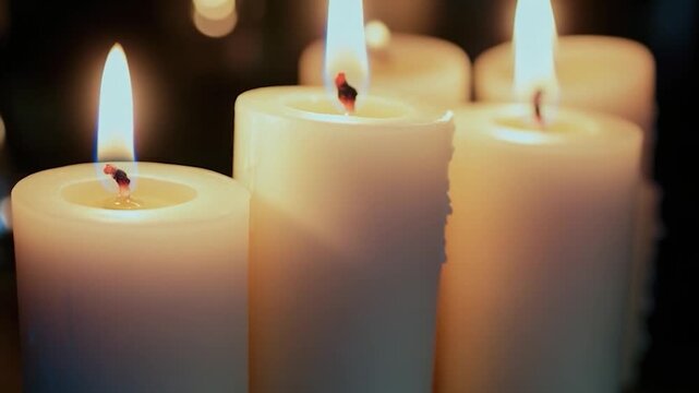 Group of white candles standing side by side, often used in decorative arrangements or as a centerpiece