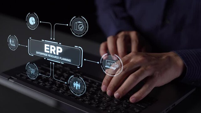 ERP platform visual showing centralized system for enterprise resource planning, improving integration, data flow, business efficiency, finance, inventory, and human resources. Muxer