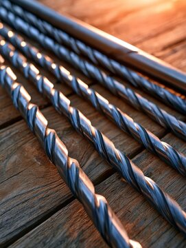 Metal drill bits arranged on a wooden surface