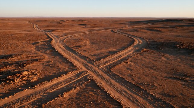 ancient stone roads branching across a vast desert plain