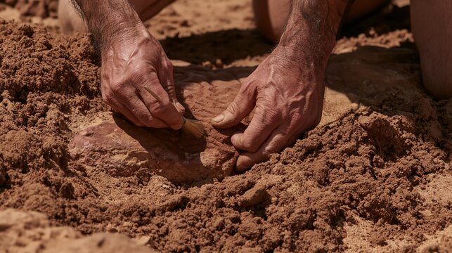 archaeologist uncovering an ancient buried stone tablet at an excavation