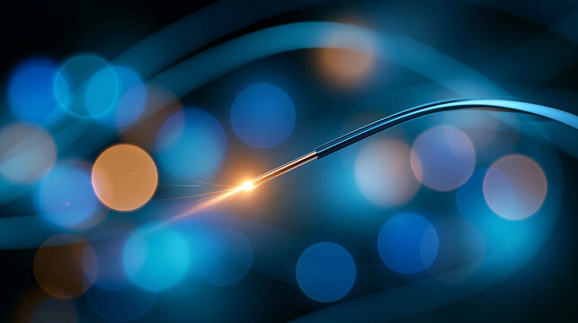 Coronary guidewire with glowing fiber optic tip on dark medical background, 3D render, defocused technological medical device visualization, precision instrument representation,