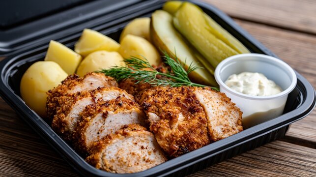 panko crusted pork tenderloin with baby potatoes and dill sour cream