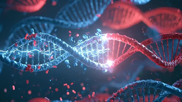 Close-up visualization of intertwined DNA double helix strands with a glowing genetic mutation and molecular fragments, futuristic biotechnology research concept, gene editing, genomic sequencing