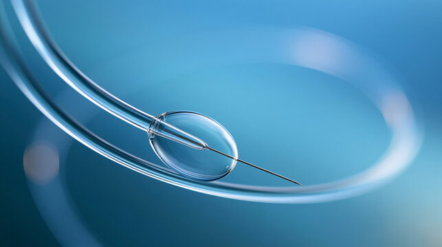 Medical catheter tip closeup, highlighting its delicate structure and sharp needle for precise fluid or medication delivery, defocused precision instrument detail, with copy space