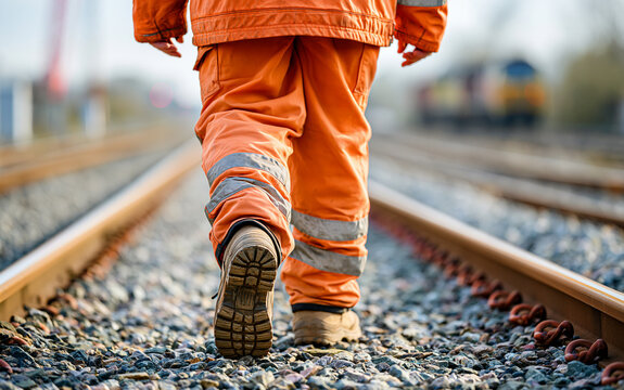 Railway worker in reflective safety gear walking along train track