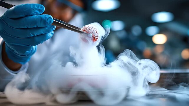 Cryogenic storage tanks filled with biological samples in a modern biotechnology laboratory, researcher checking labeled sample containers, biobank, cryogenic storage, biological sample