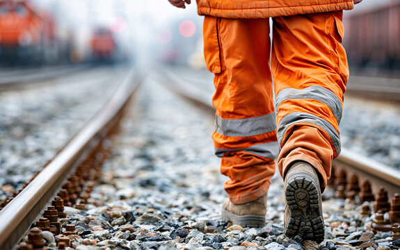 Railway worker in reflective safety gear walking along train track