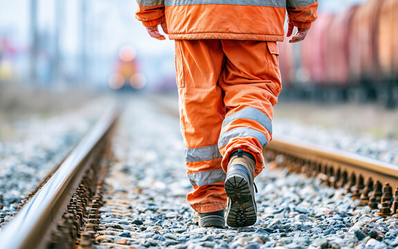 Railway worker in reflective safety gear walking along train track