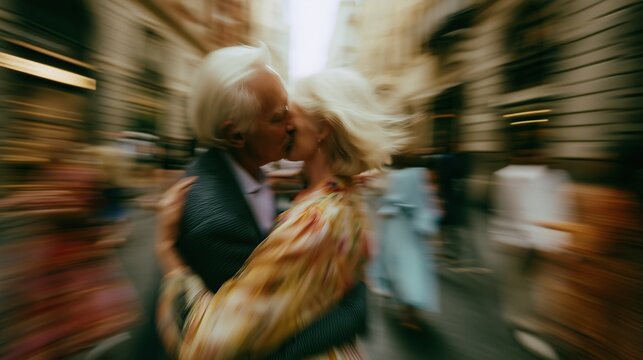 Elderly couple embraces and shares a kiss in a busy street filled with people