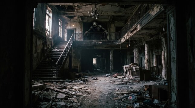 Abandoned ruined mansion interior with debris on the floor and grand staircase under damaged ceiling broken building decayed estate destructed house derelict room old rubble historic ruin