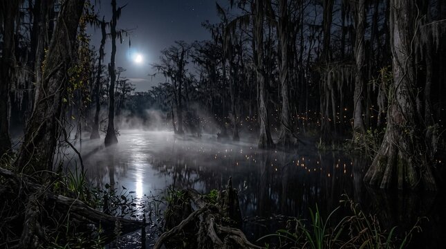 Misty bayou swamp at night with bright moonlight reflecting on dark water surface surrounded by trees moonlight reflection dark forest nighttime swamp foggy wetland cypress trees eerie landscape