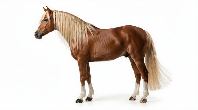 Beautiful chestnut horse with a long flowing blonde mane and tail standing still and looking to the side profile