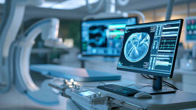 Digital subtraction angiography room, DSA lab, monitor large C-arm angiograph, operating room with x-ray medical scan in hospital, defocused advanced imaging facility, with copy