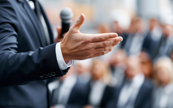 Public speaker hand gesturing during presentation in front of blurred audience