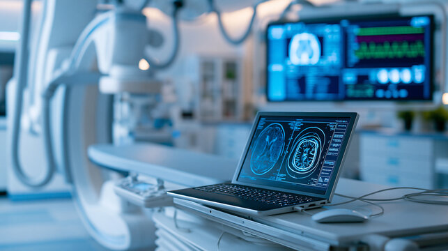 Digital subtraction angiography room, DSA lab, monitor large C-arm angiograph, operating room with x-ray medical scan in hospital, defocused advanced imaging facility, with copy