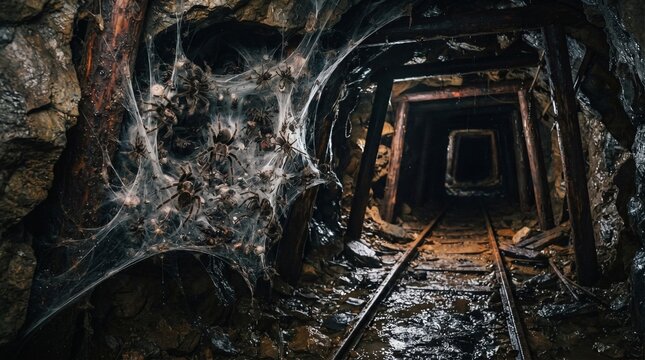 Dilapidated dark mine tunnel with thick cobwebs and narrow rail tracks abandoned mine spider webs underground passage shaft wooden beams tunnel interior track dark cave old