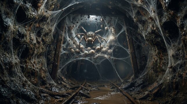 Large spider sitting in the center of a giant thick cobweb inside an abandoned dark mine tunnel with spider web underground passage creepy crawly mine shaft thick webs dark interior tunnel entra
