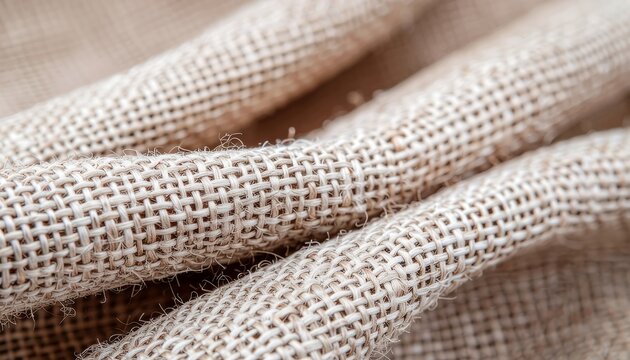 Close-up of beige burlap fabric texture with woven pattern