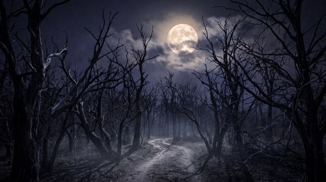 Spooky full moon shining over a dark dead forest trail with spooky woods dark path creepy landscape night sky bare trees mysterious trail haunted forest gothic atmosphere nighttime moonlight
