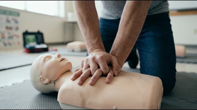 Hands Performing Cpr Chest Compressions on a Cpr Training Dummy During a First Aid or Emergency Response Class