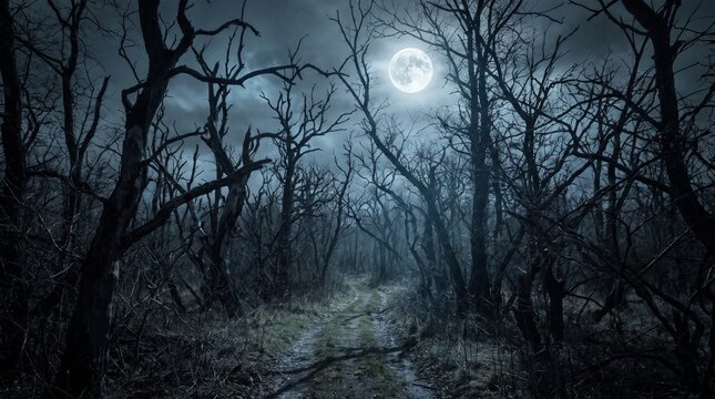 Eerie dark forest path illuminated by moonlight through bare tree branches with eerie woods night path spooky forest trail gothic night haunted forest mysterious woods misty trees