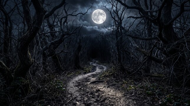 Winding dirt path through dark scary forest under full moon with winding trail spooky forest dark woods night landscape haunted woods mysterious trail nighttime scenery bare trees fantasy land